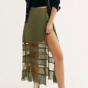 Free People Bowery Pleated Sheer High Waist Midi Skirt in Army Green Sz M